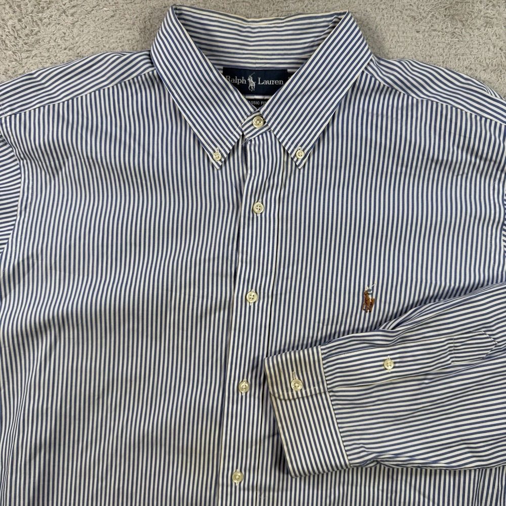 Polo Ralph Lauren Shirt Mens 2XL Blue White Stripe Classic Fit Button Flesh Pony